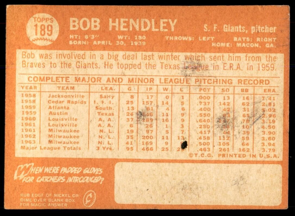 1964 Topps Baseball Card Bob Hendley A San Francisco Giants #189