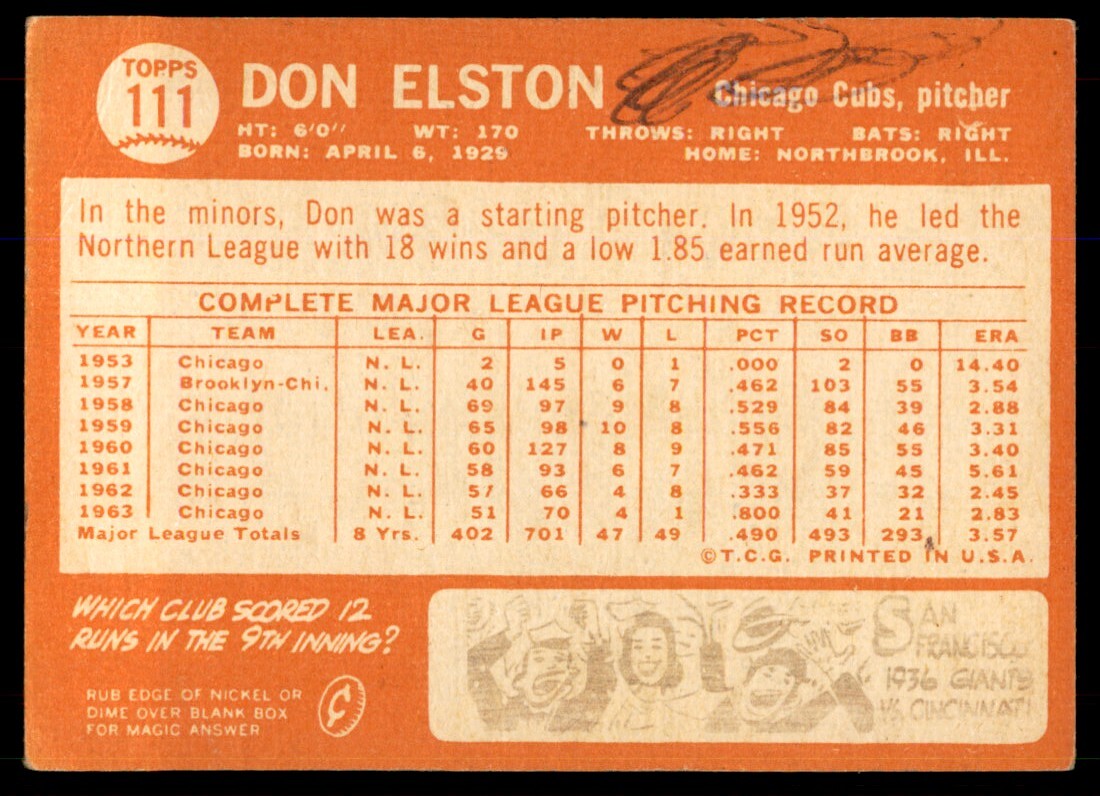 1964 Topps Baseball Card Don Elston Chicago Cubs #111