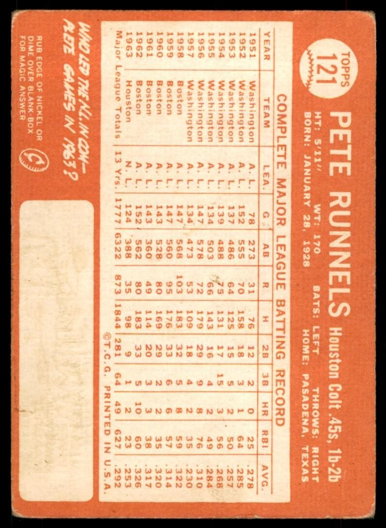 1964 Topps Baseball Card Pete Runnels A Houston Colt .45s #121