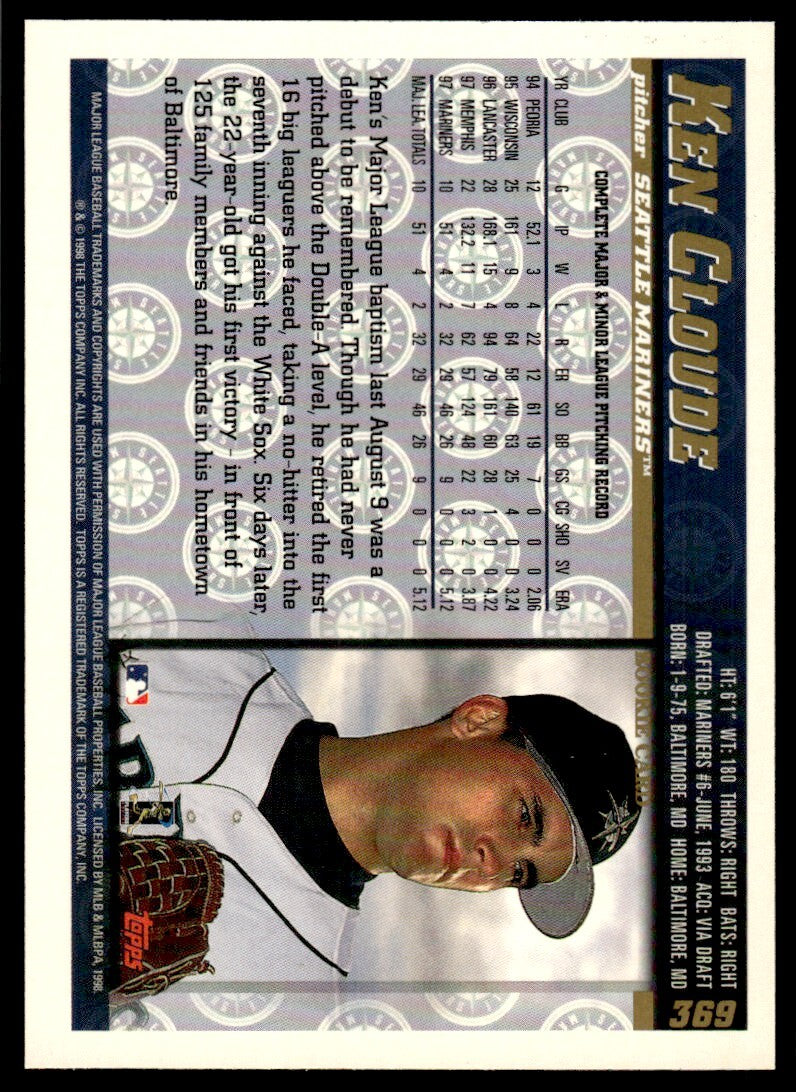 1998 Topps Baseball Card Ken Cloude Seattle Mariners #369
