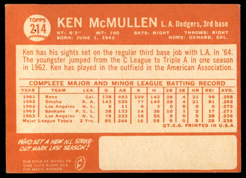 1964 Topps Ken McMullen Baseball Card Los Angeles Dodgers #214