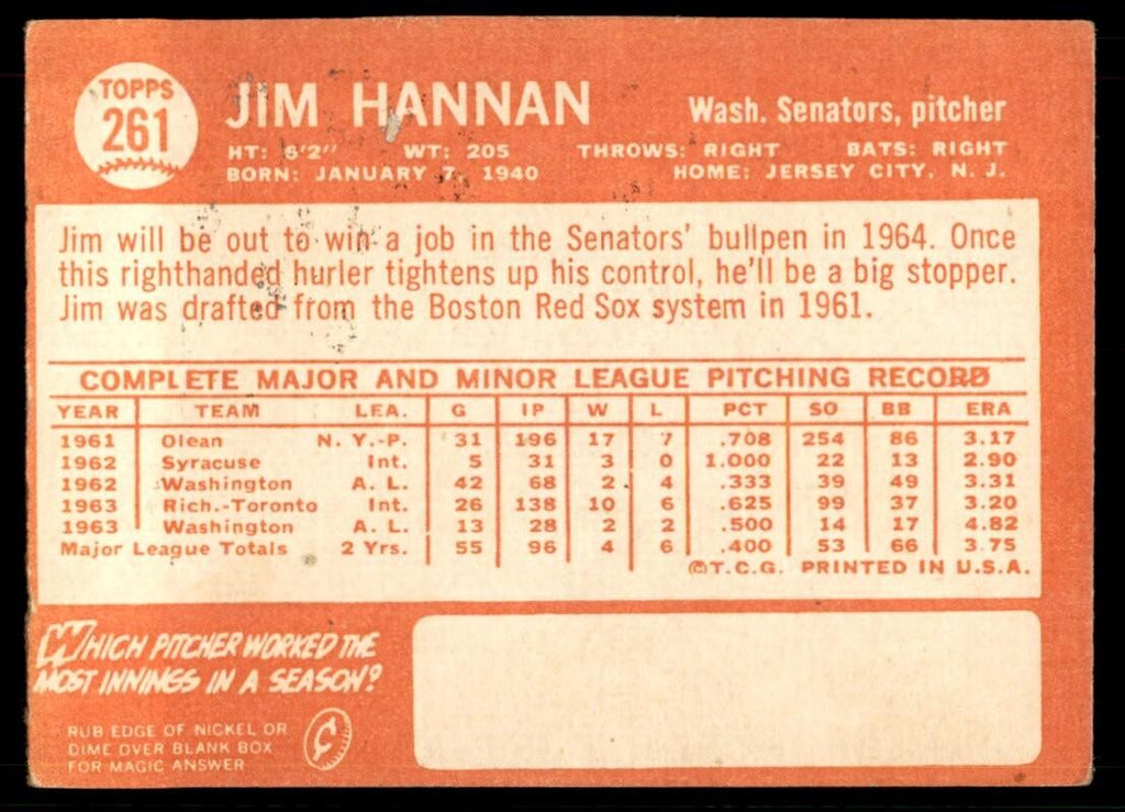 1964 Topps Jim Hannan Baseball Card Washington Senators #261