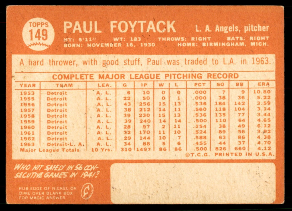 1964 Topps Paul Foytack Baseball Card Los Angeles Angels #149