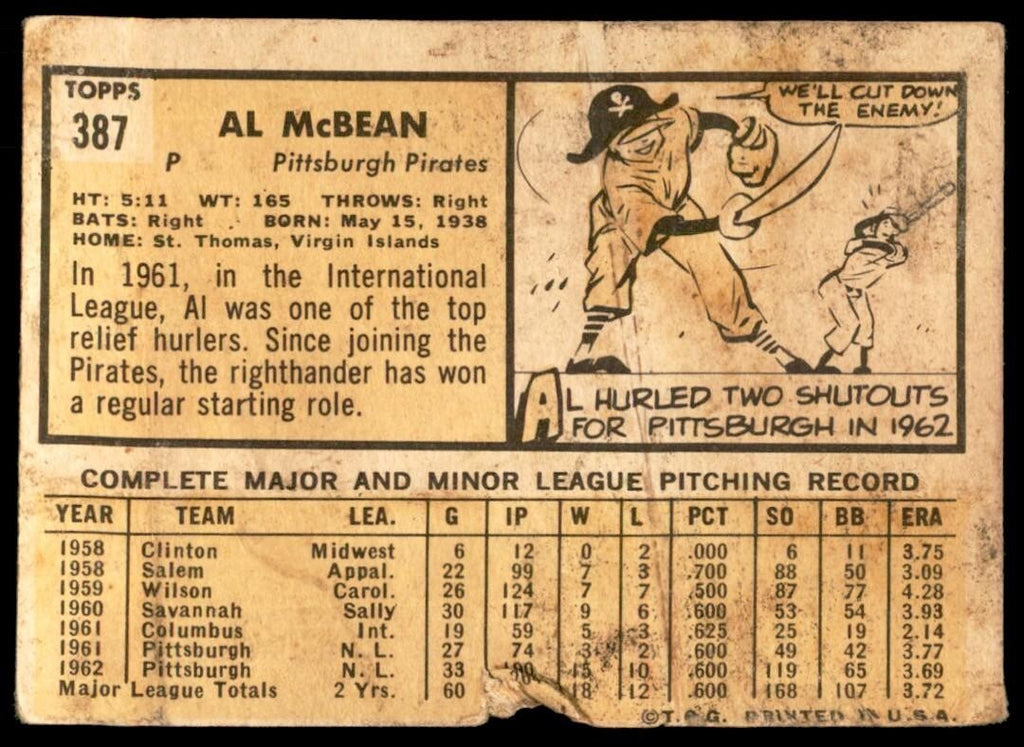 1963 Topps Baseball Card Al McBean Rookie Pittsburgh Pirates #387