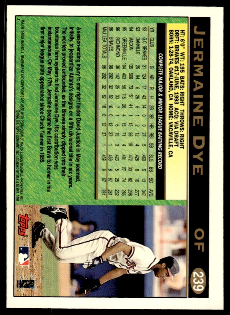 1997 Topps Baseball Card Jermaine Dye p Atlanta Braves #239
