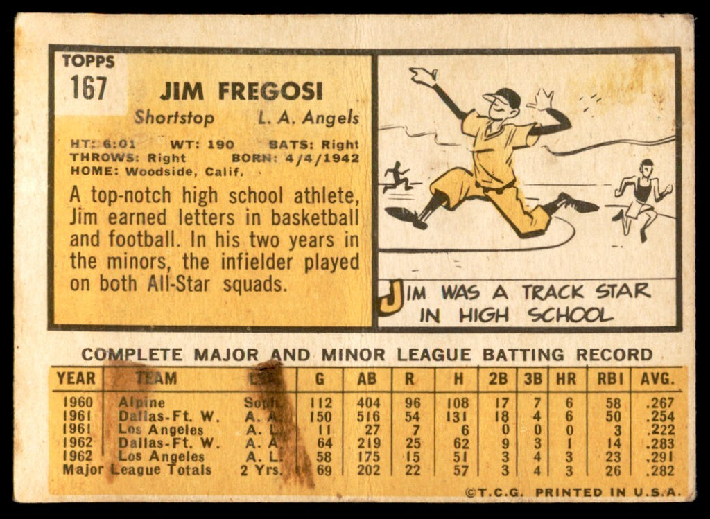 1963 Topps Baseball Card Jim Fregosi Los Angeles Angels #167