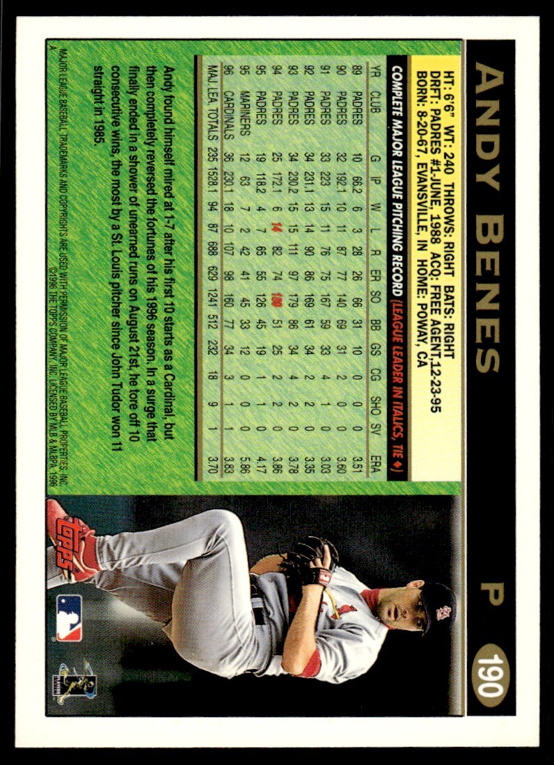 1997 Topps Baseball Card Andy Benes p St. Louis Cardinals #190