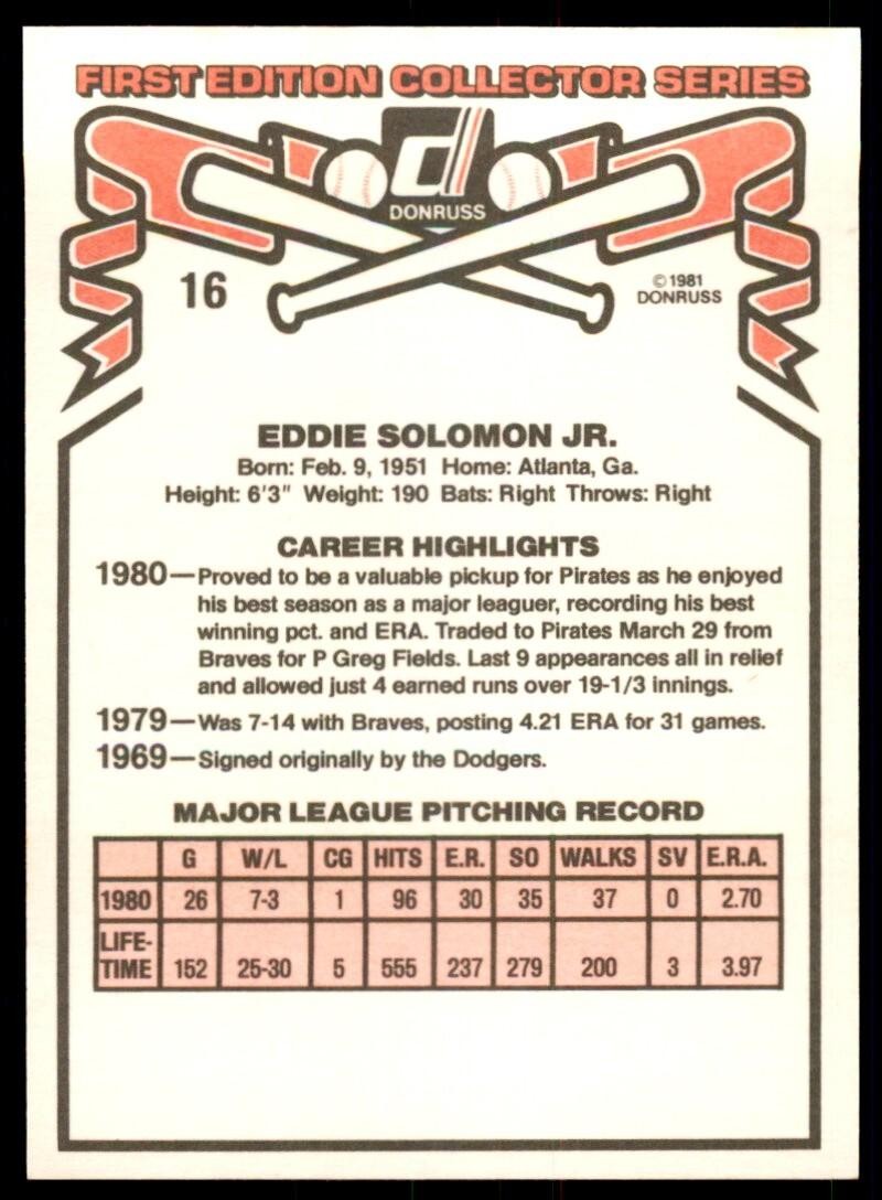 1981 Donruss Baseball Card Eddie Solomon Pittsburgh Pirates #16