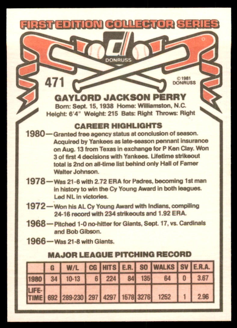 1981 Donruss Baseball Card Gaylord Perry New York Yankees #471