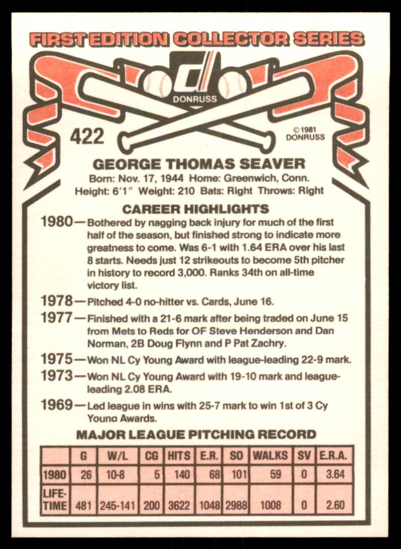 1981 Donruss Baseball Card Tom Seaver Cincinnati Reds #422