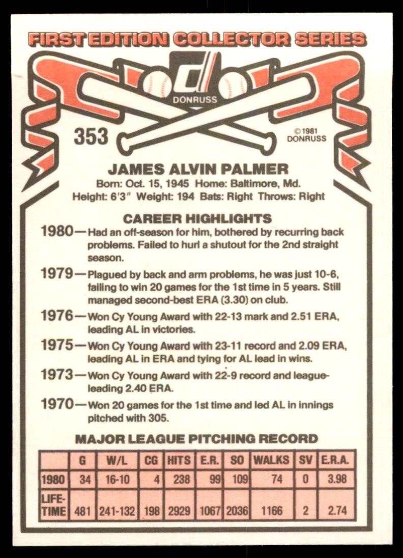 1981 Donruss Baseball Card Jim Palmer Baltimore Orioles #353