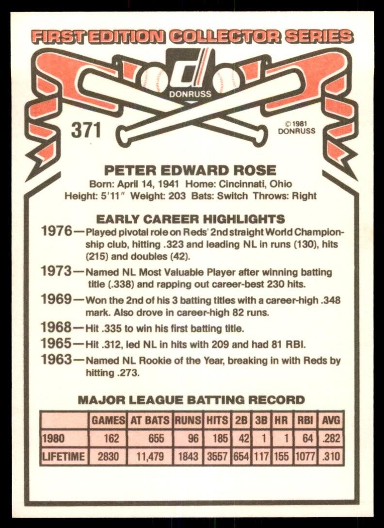 1981 Donruss Baseball Card Pete Rose A Philadelphia Phillies #371