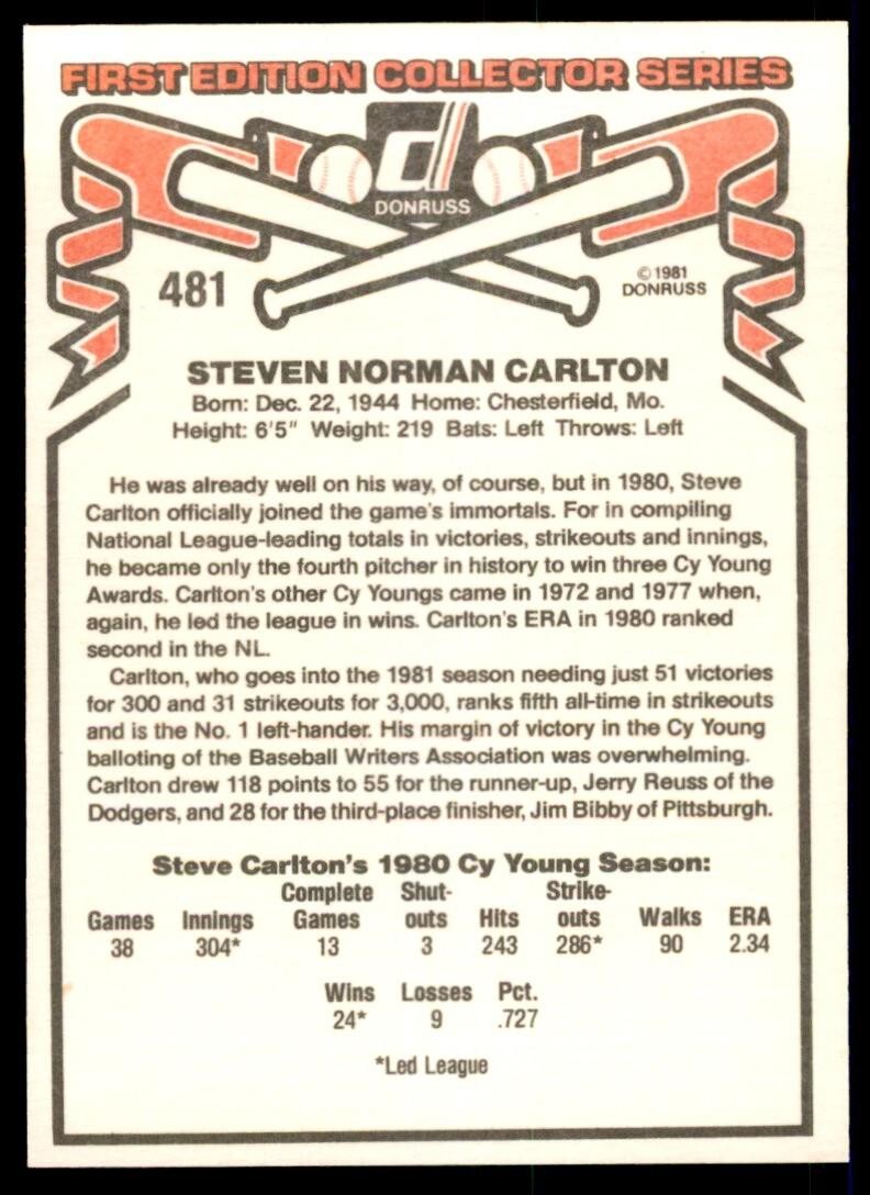 1981 Donruss Baseball Card Steve Carlton A Philadelphia Phillies #481