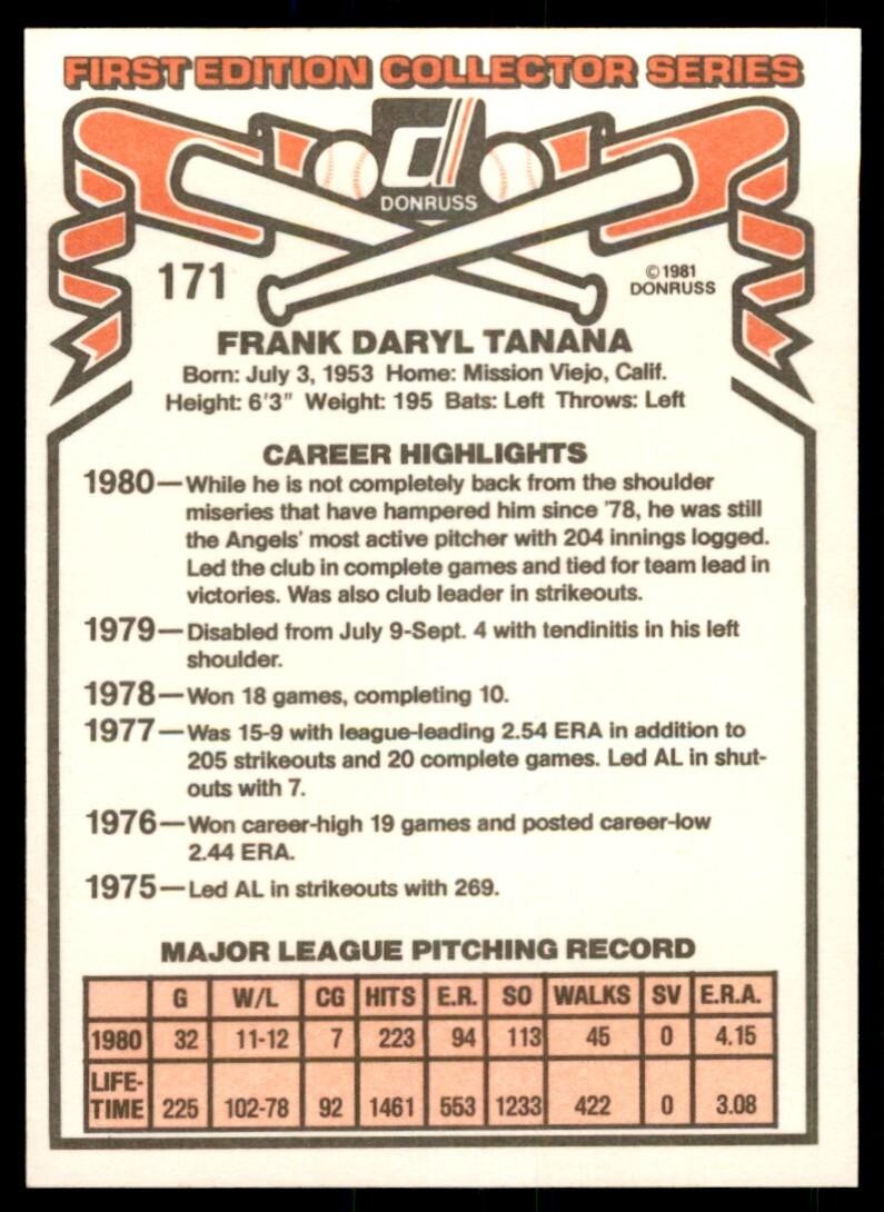 1981 Donruss Baseball Card Frank Tanana California Angels #171
