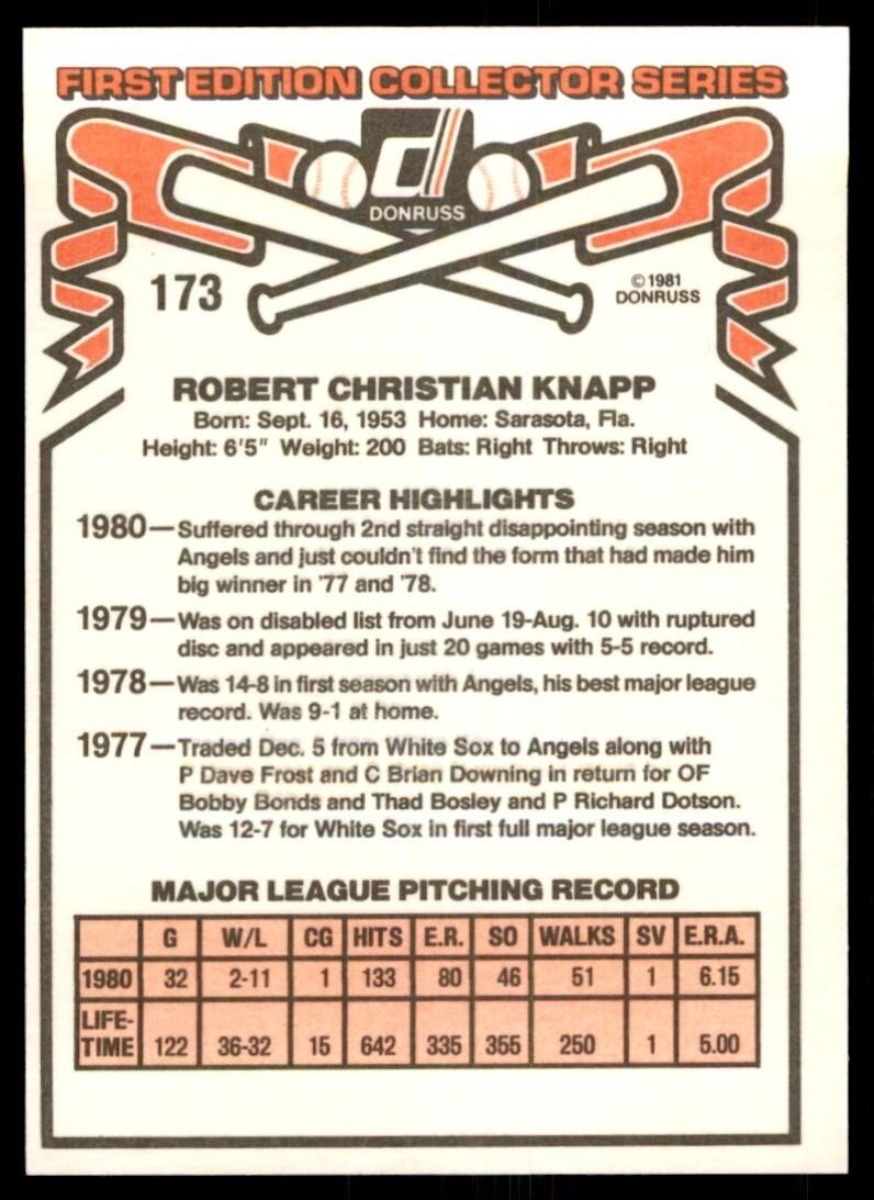 1981 Donruss Baseball Card Chris Knapp California Angels #173