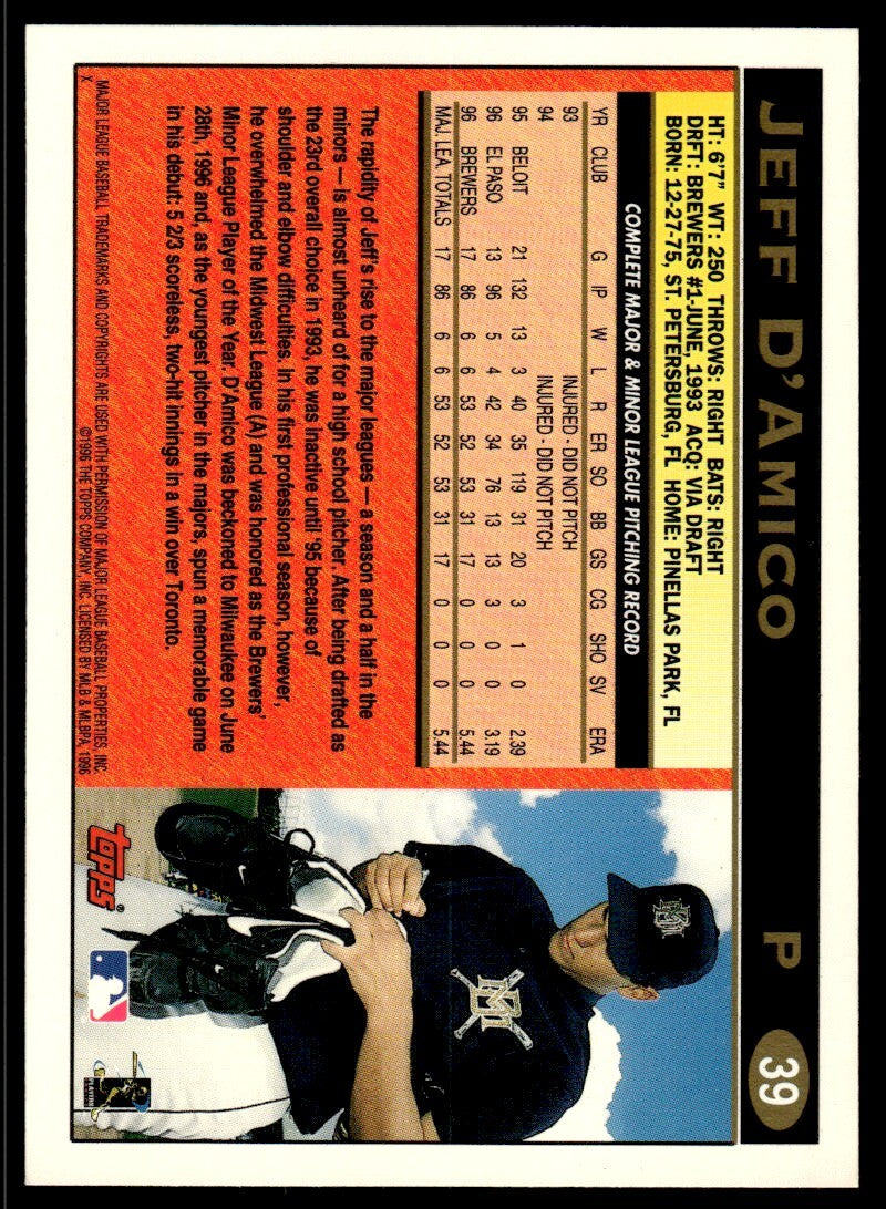 1997 Topps Baseball Card Jeff D'Amico nnn Milwaukee Brewers #39
