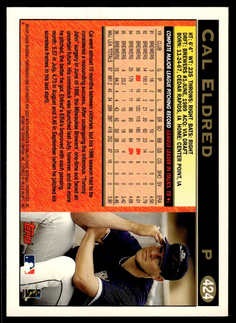 1997 Topps Baseball Card Cal Eldred uyg Milwaukee Brewers #424