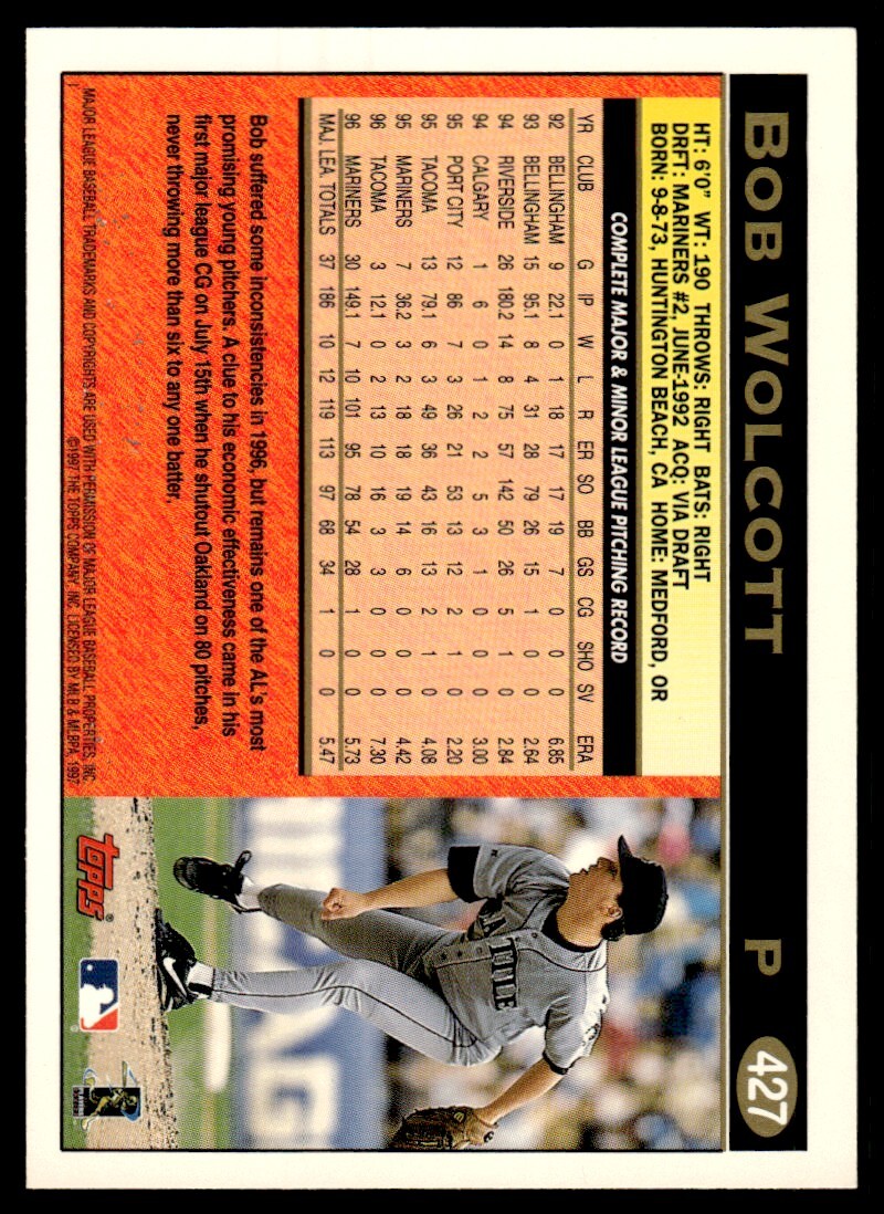 1997 Topps Baseball Card Bob Wolcott pp Seattle Mariners #427