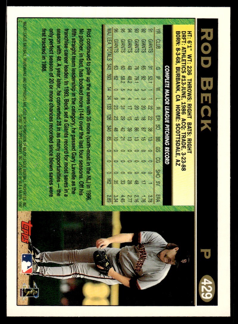 1997 Topps Baseball Card Rod Beck kjkh San Francisco Giants #429
