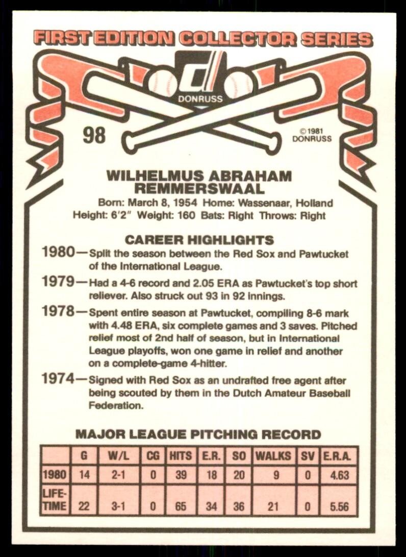 1981 Donruss Baseball Card Win Remmerswaal Rookie Boston Red Sox #98