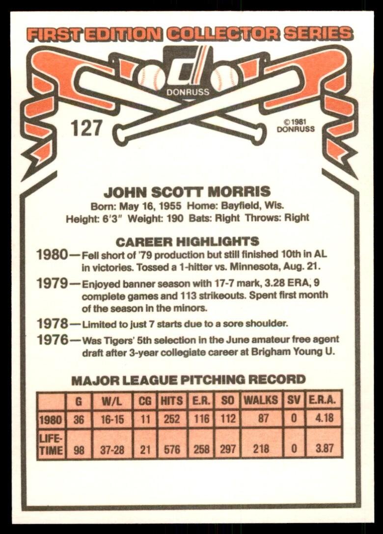 1981 Donruss Baseball Card Jack Morris Detroit Tigers #127