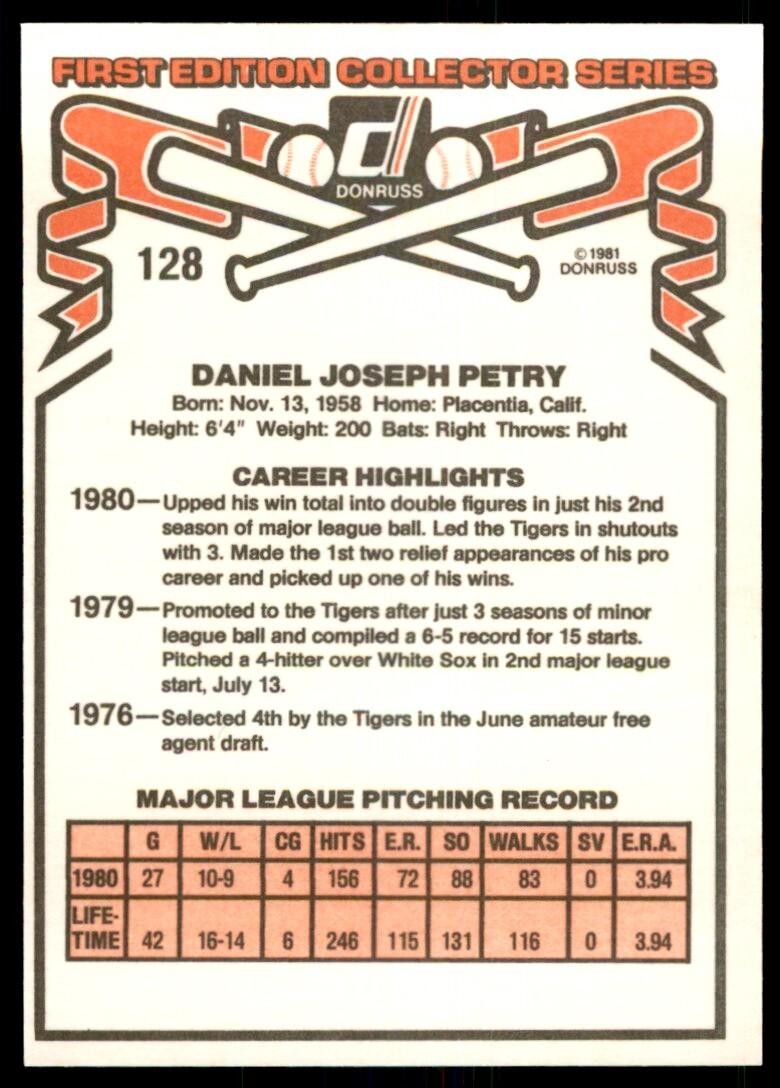 1981 Donruss Baseball Card Dan Petry Detroit Tigers #128