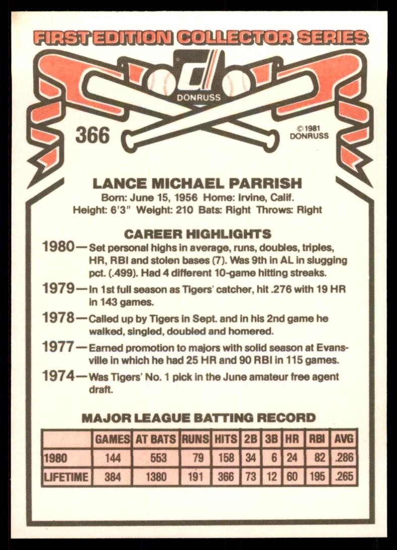 1981 Donruss Lance Parrish Detroit Tigers #366