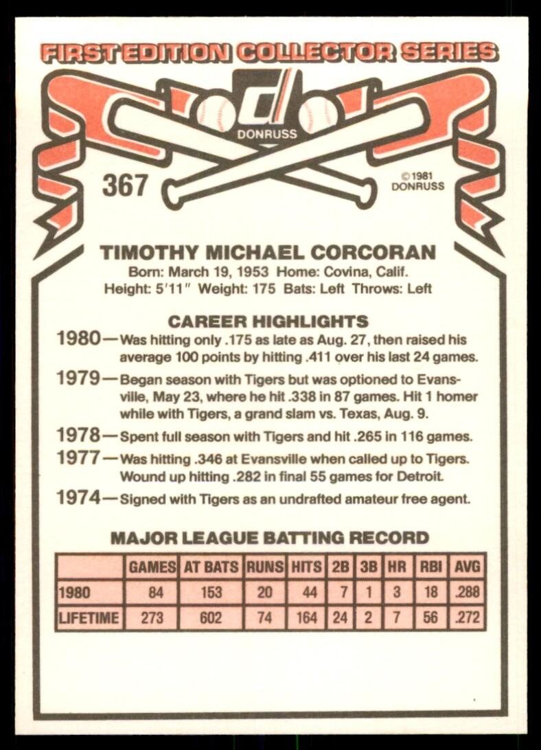 1981 Donruss Tim Corcoran Detroit Tigers #367