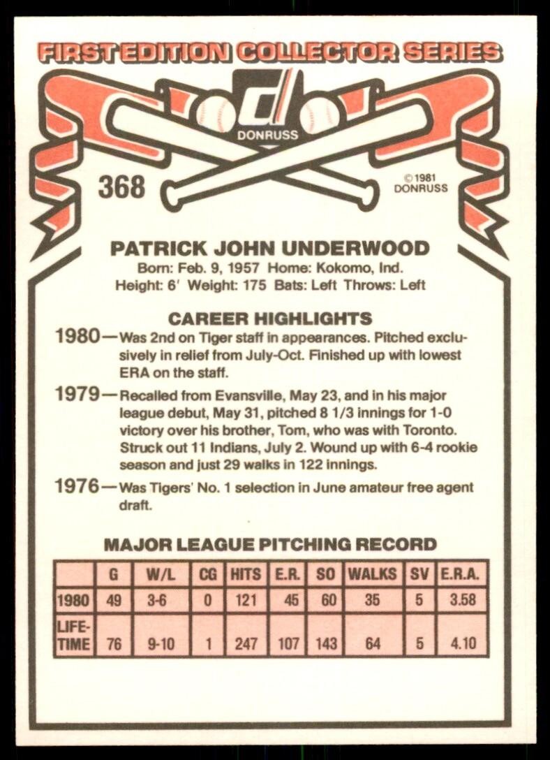 1981 Donruss Pat Underwood Detroit Tigers #368