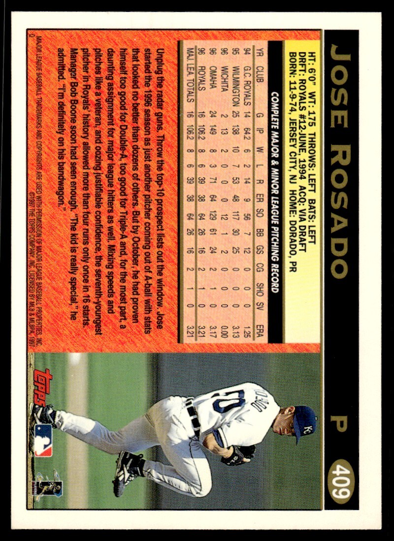 1997 Topps Baseball Card Jose Rosado poi Kansas City Royals #409
