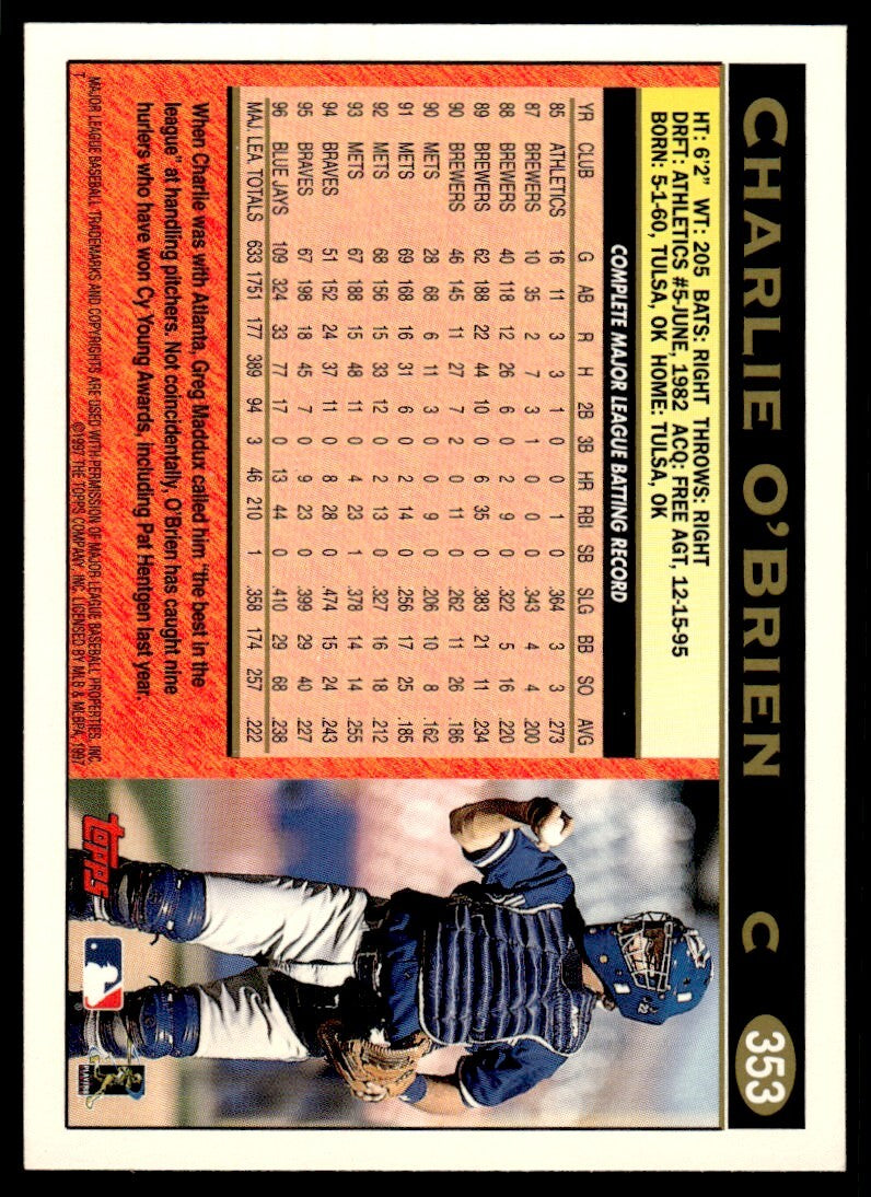 1997 Topps Baseball Card Charlie O'Brien poi Toronto Blue Jays #353