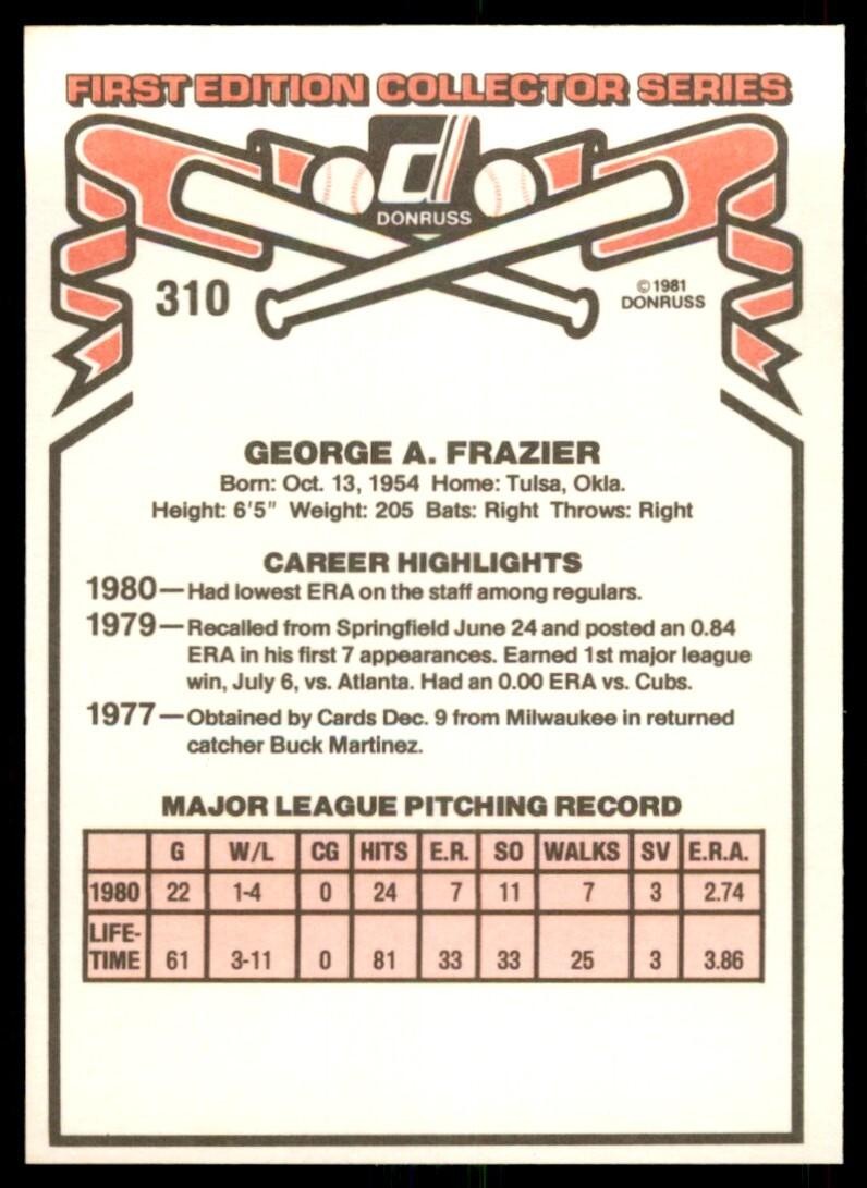 1981 Donruss George Frazier St. Louis Cardinals #310