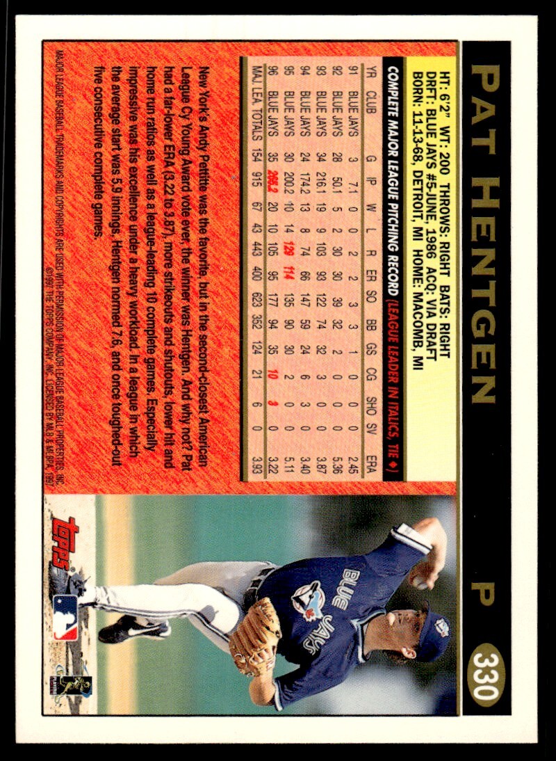 1997 Topps Baseball Card Pat Hentgen ppi Toronto Blue Jays #330