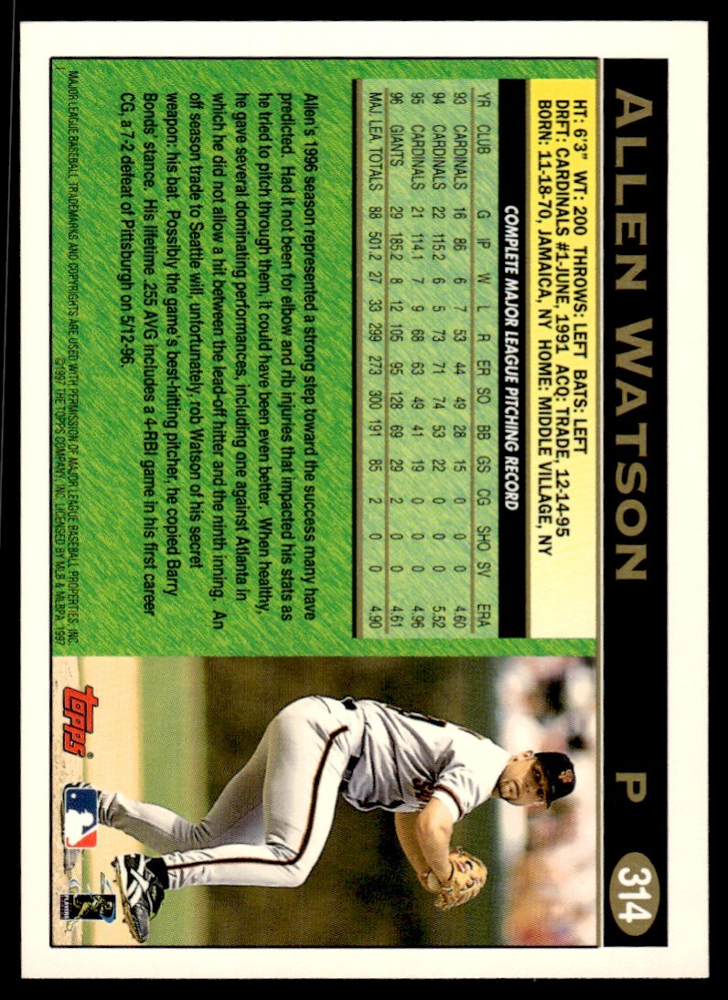 1997 Topps Baseball Card Allen Watson ypp San Francisco Giants #314