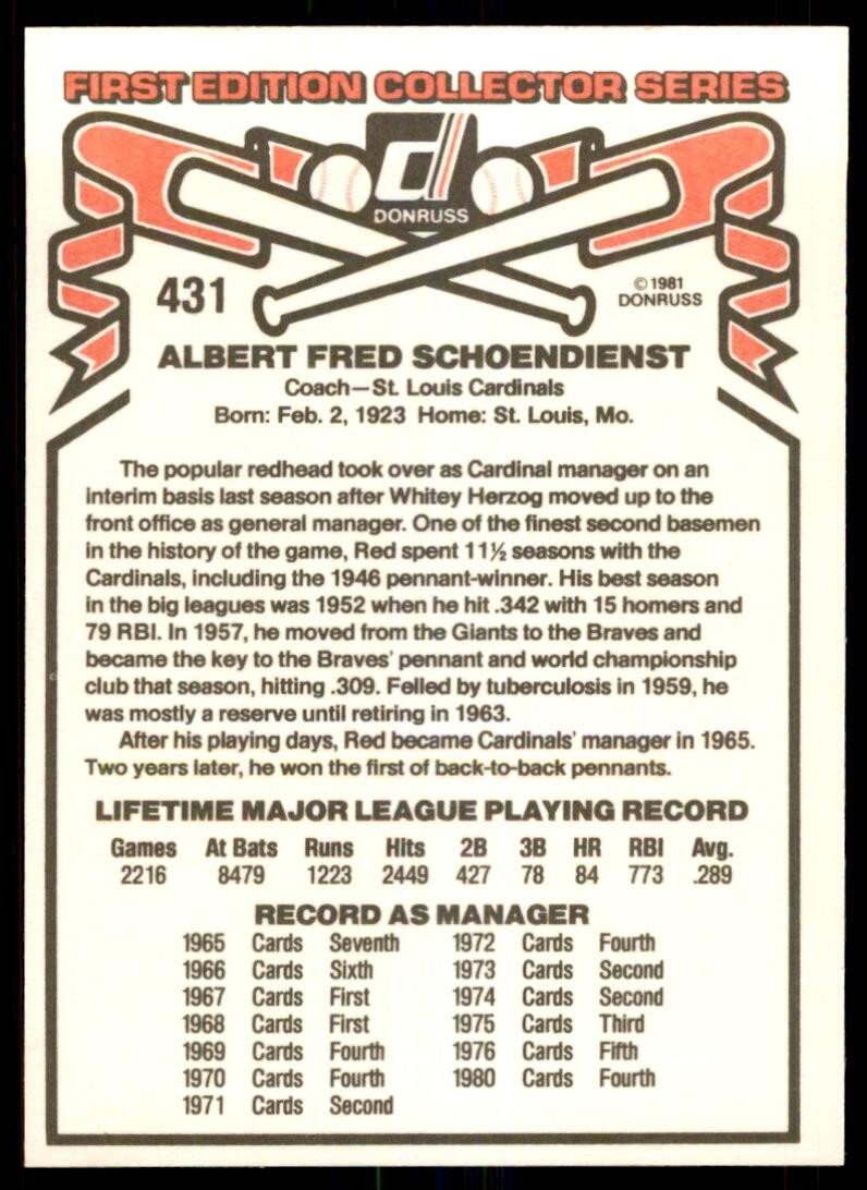 1981 Donruss Red Schoendienst St. Louis Cardinals #431