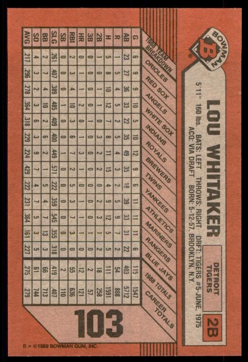 1989 Bowman Baseball Card  Lou Whitaker Detroit Tigers #103