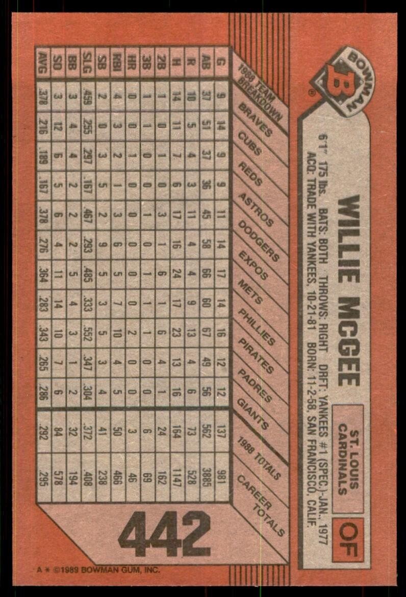 1989 Bowman Baseball Card  Willie McGee St. Louis Cardinals #442