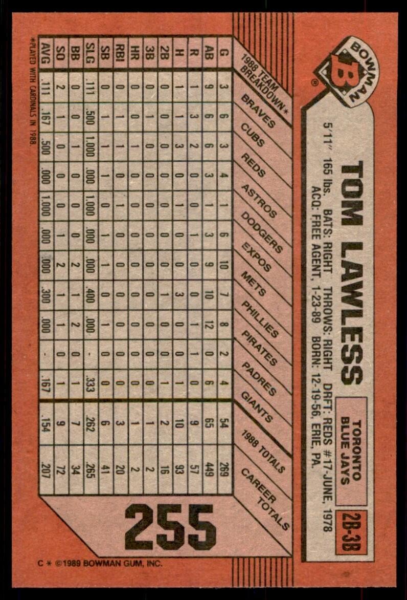 1989 Bowman Baseball Card  Tom Lawless Toronto Blue Jays #255