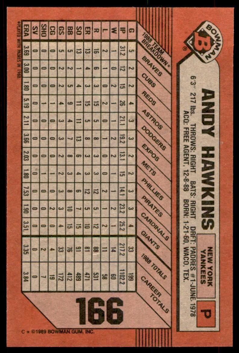 1989 Bowman Baseball Card  Andy Hawkins New York Yankees #166