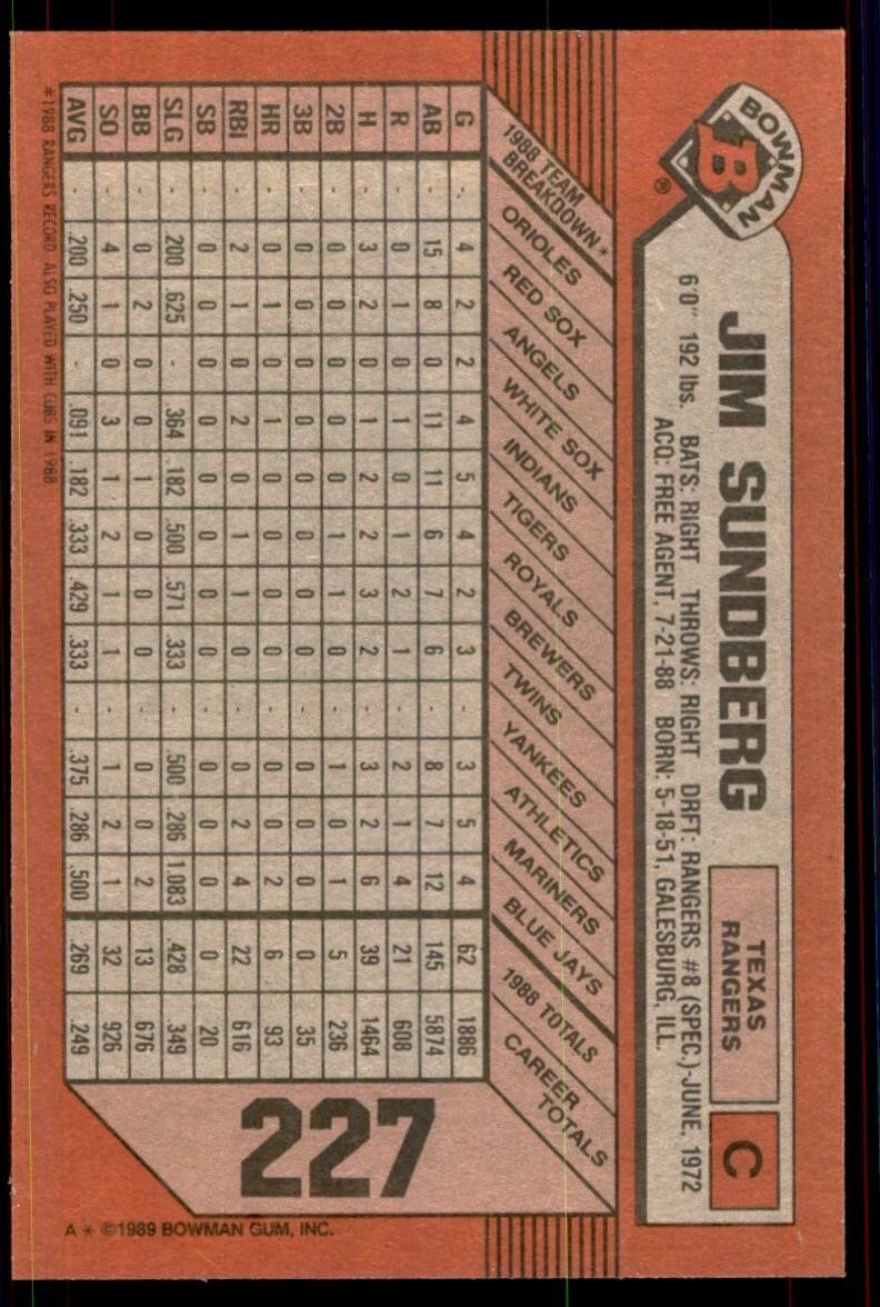 1989 Bowman Baseball Card Jim Sundberg Texas Rangers #227