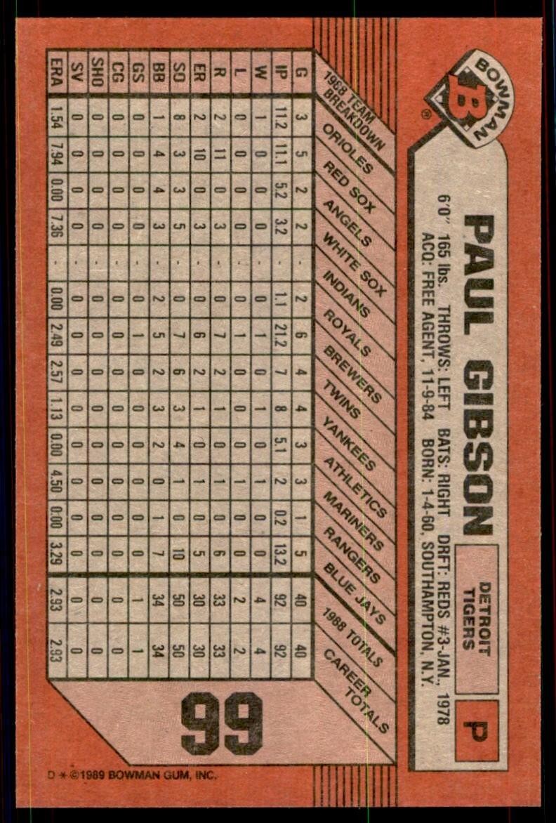 1989 Bowman Baseball Card Paul Gibson Detroit Tigers #99