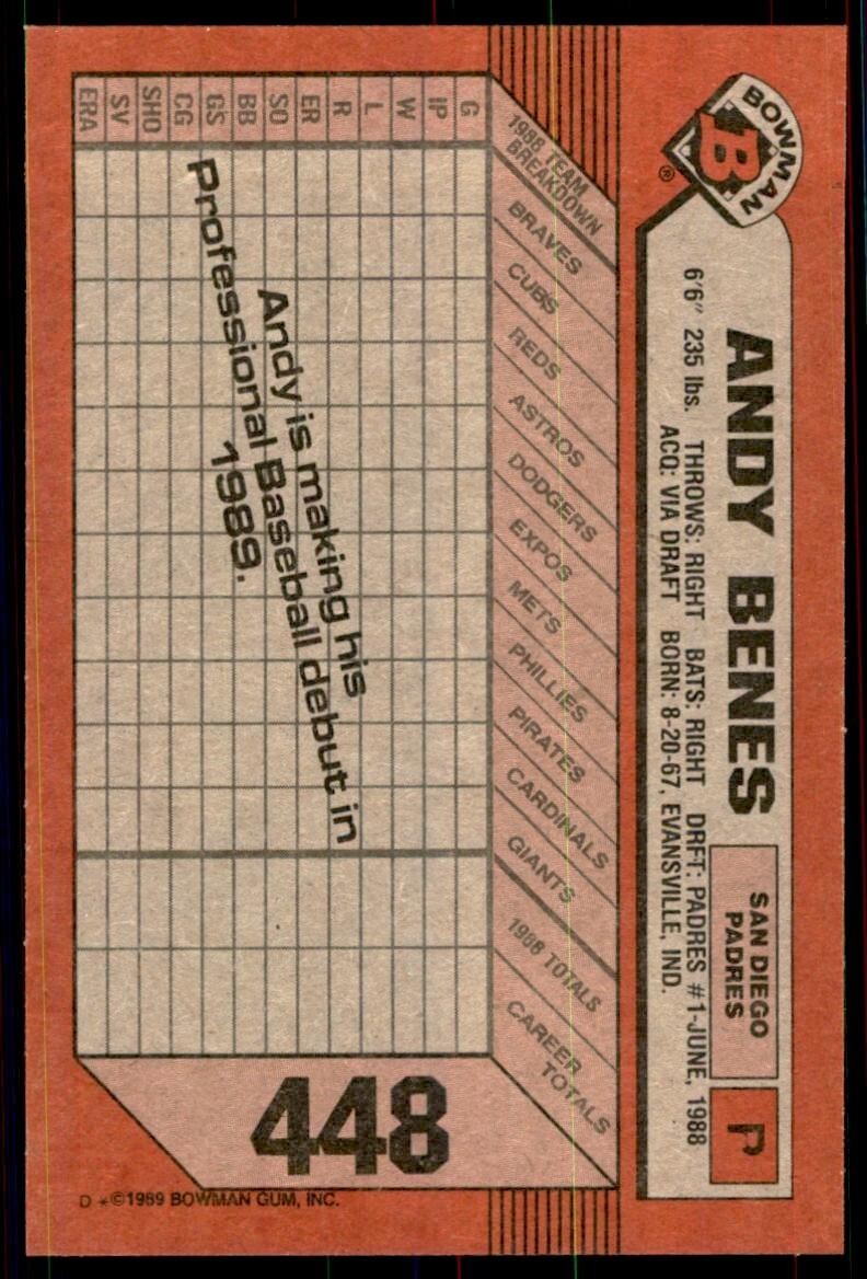 1989 Bowman Baseball Card Andy Benes Rookie San Diego Padres #448