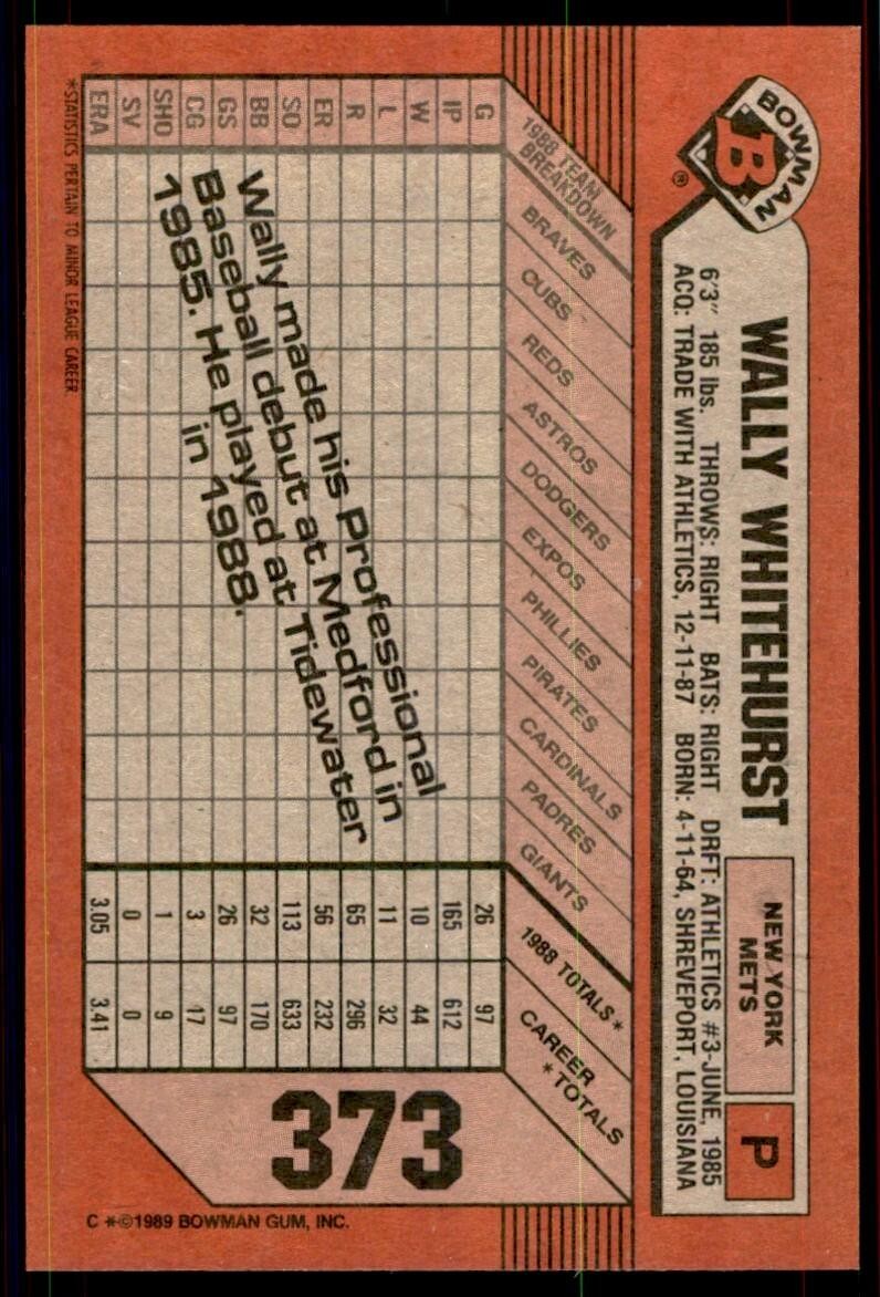 1989 Bowman Baseball Card Wally Whitehurst Rookie New York Mets #373