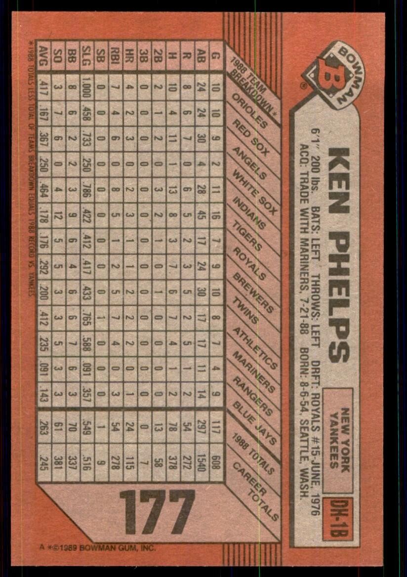1989 Bowman Baseball Card Ken Phelps New York Yankees #177