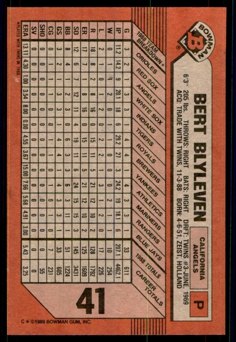 1989 Bowman Baseball Card Bert Blyleven California Angels #41