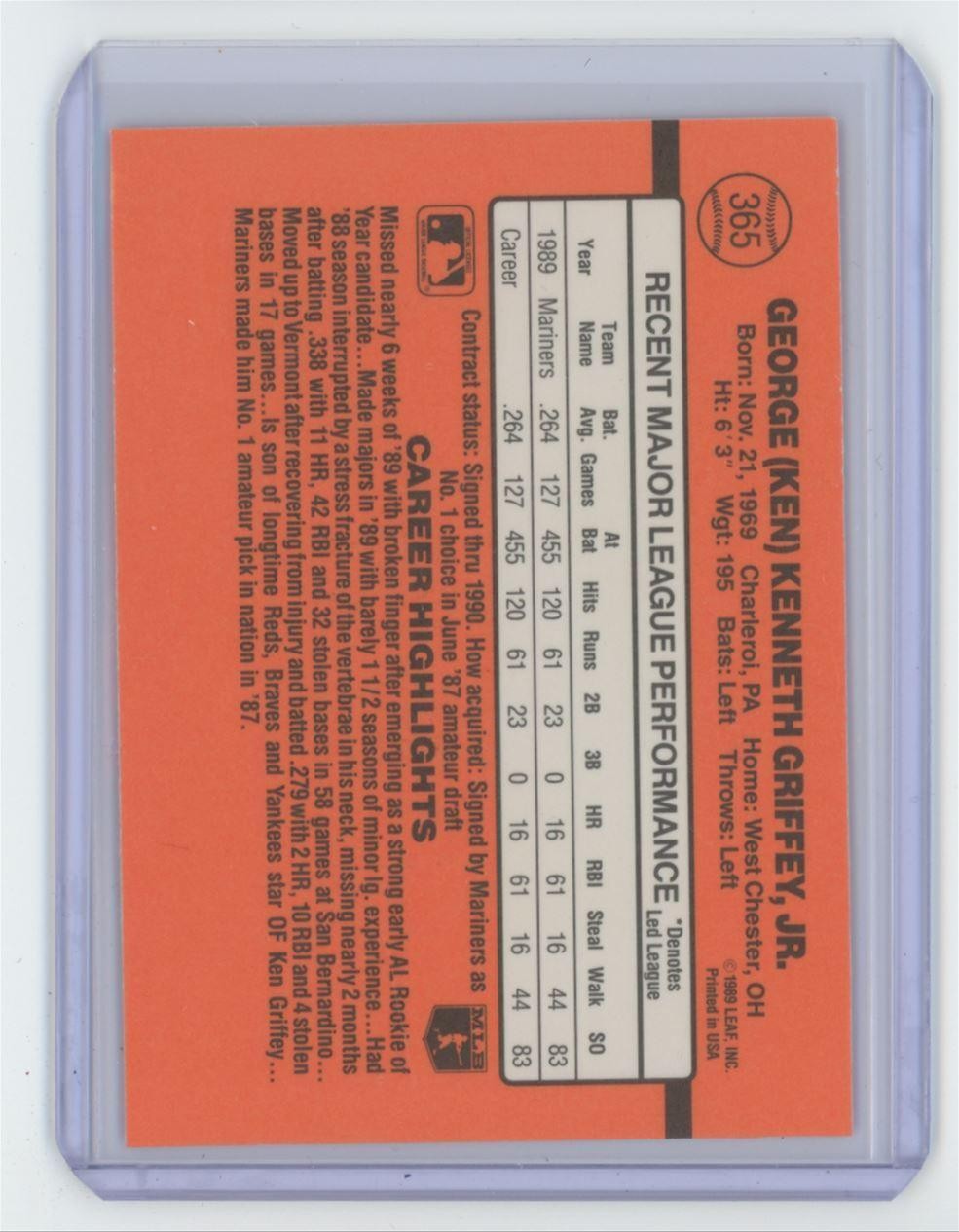 1990 Donruss Ken Griffey Jr. Baseball Card Seattle Mariners #365