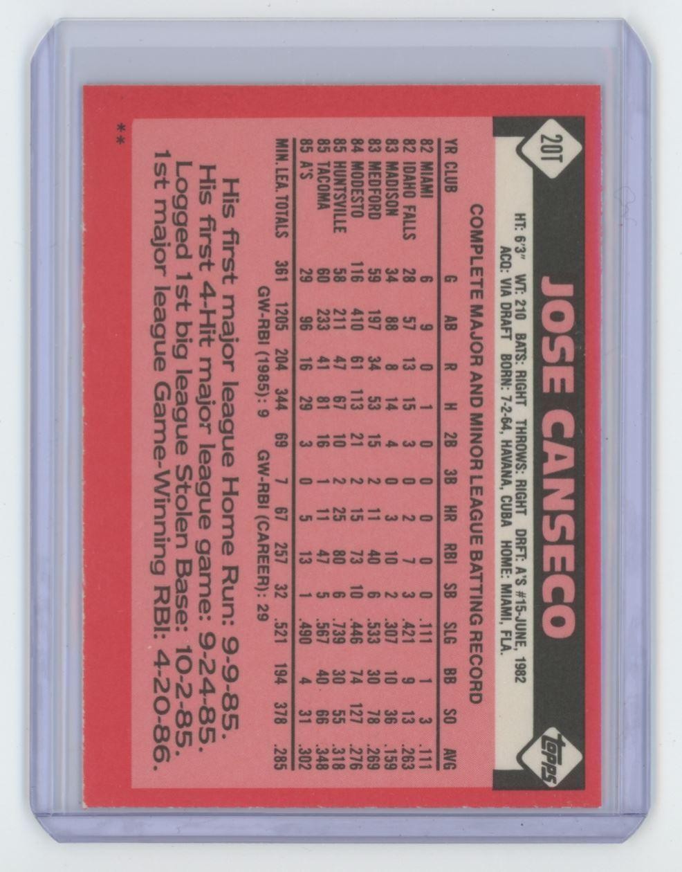 1986 Topps Traded Jose Canseco Baseball Card Oakland Athletics #20T