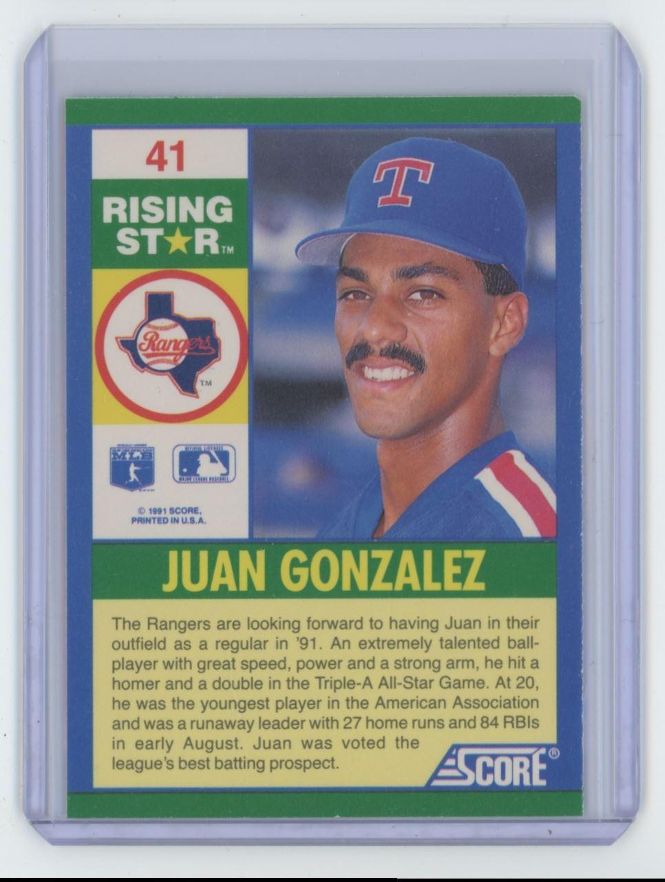 1991 Score 100 Rising Stars Juan Gonzalez Baseball Card Texas Rangers #41