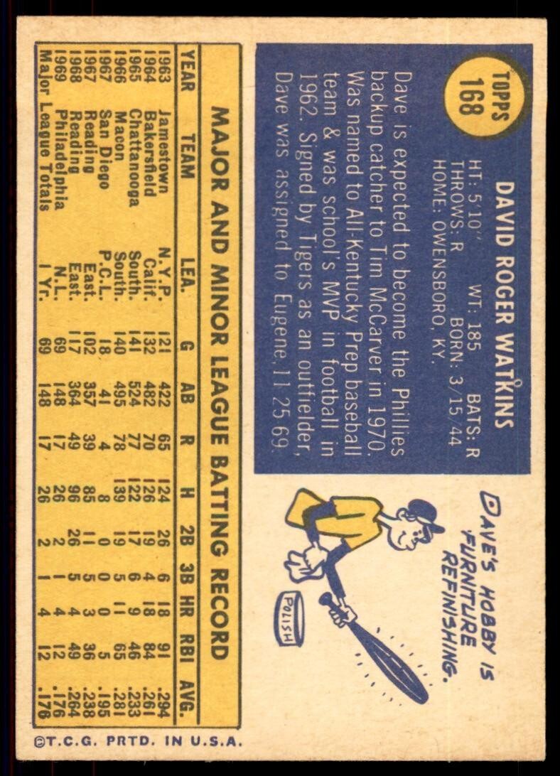 1970 Topps Baseball Card (Damaged) Dave Watkins Rookie Philadelphia Phillies