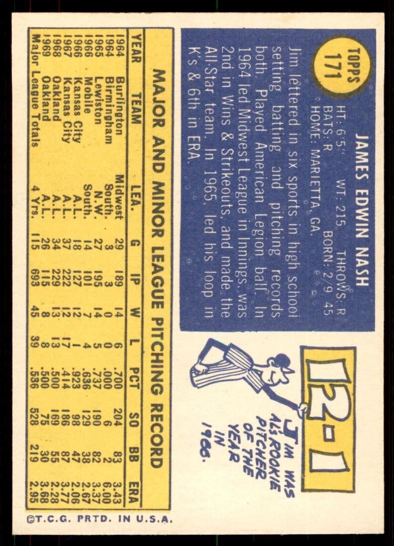 1970 Topps Baseball Card Jim Nash Atlanta Braves #171